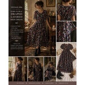 VTG 90s Dark Floral Draped Layered Chiffon Midi Dress Romantic Avant